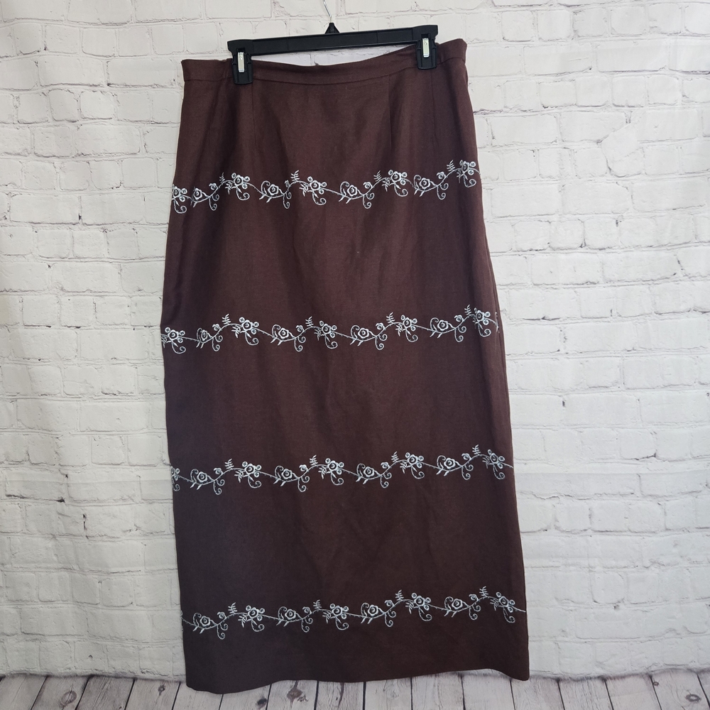 Brown Teal Beaded Embroidered Maxi Skirt Linen Blend Sz 16 CottageCore Boho